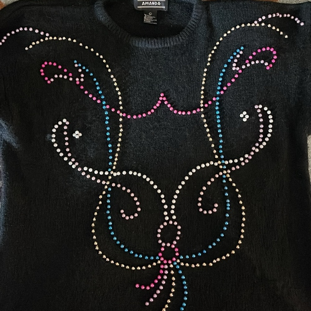 Vintage 80s‎ Amanda Beaded Reindeer Sweater L Black Holiday - Picture 12 of 12